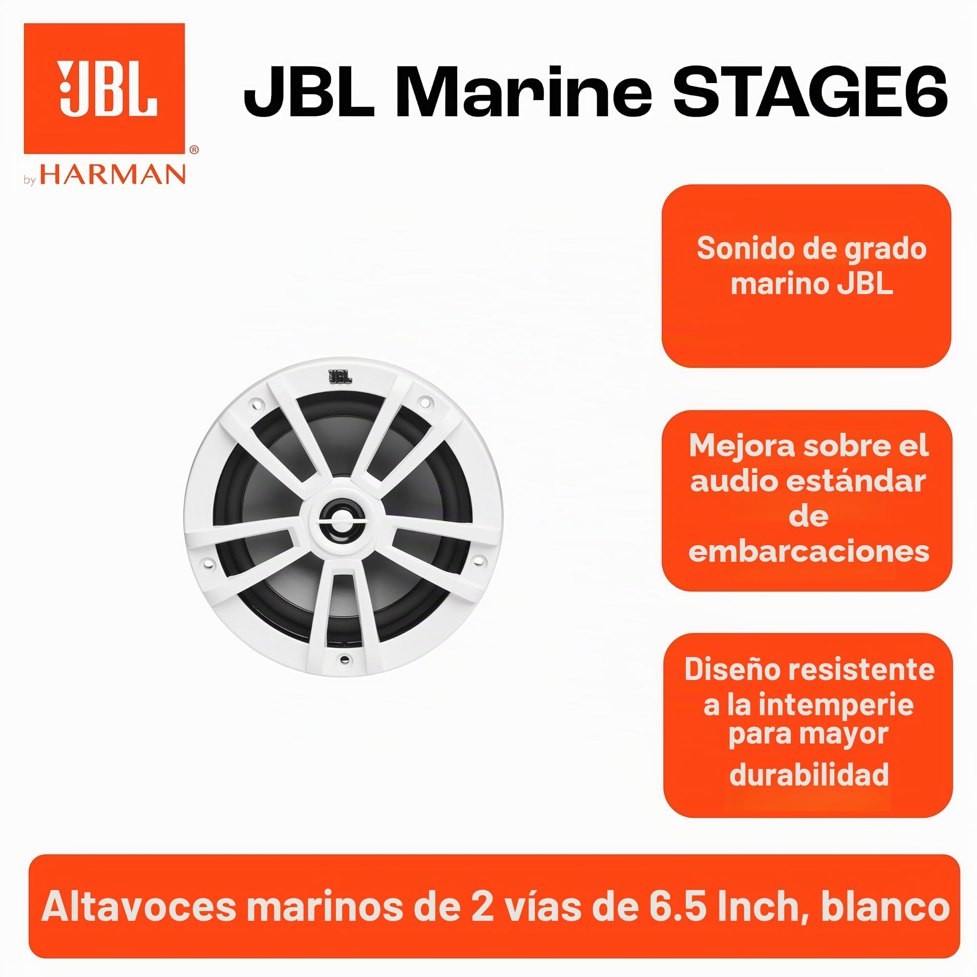 JBL Marine 6 1/2" (160 mm) Altavoces Barco Stage Impermeable - Altavoz Marino Dos vías y 180 vatios para Barcos o Jardin - Altavoces Exterior Resistente a los Rayos UV y al Agua Salada - Blanco