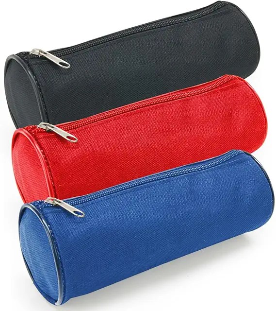 Lot de 3 Trousses Scolaires Rondes Fourre-Tout - Noir, Bleu, Rouge