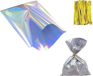 Metal Rainbow Holographic Candy Bag - Transparent Glass Paper Candy Bag with Strap, BPA Free, Reusable OPP Plastic, Food Packaging, Party Gift Bag, Snack (Laser 100PCS, 3.15inX4.72in)