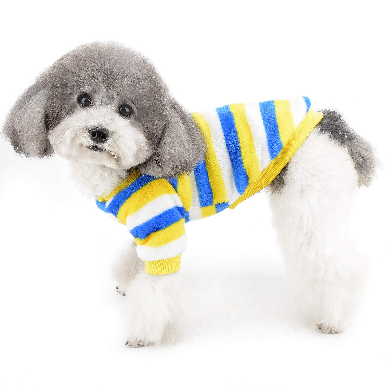 Ranphy Small Dog Velvet Sweater Coat Winter Warm Stripe Puppy Jacket Clothes Fleece Pullover Outfit Soft Fleece Pajamas Two Legged Apparel Chihuahua Yorkshire Terrier Jumper Clothing Blue S