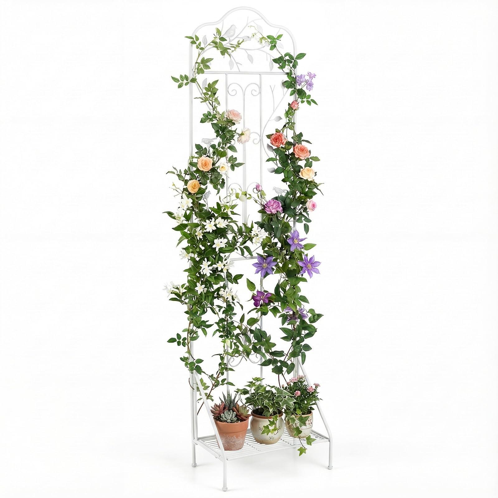 GYMAX Traliccio per Rampicanti in Metallo con Ripiano Pieghevole, Grigliato da Giardino per Recinzione 189,5 x 50 cm, Graticcio Decorativo per Piante Rampicanti per Giardino, Cortile (Bianco,1)