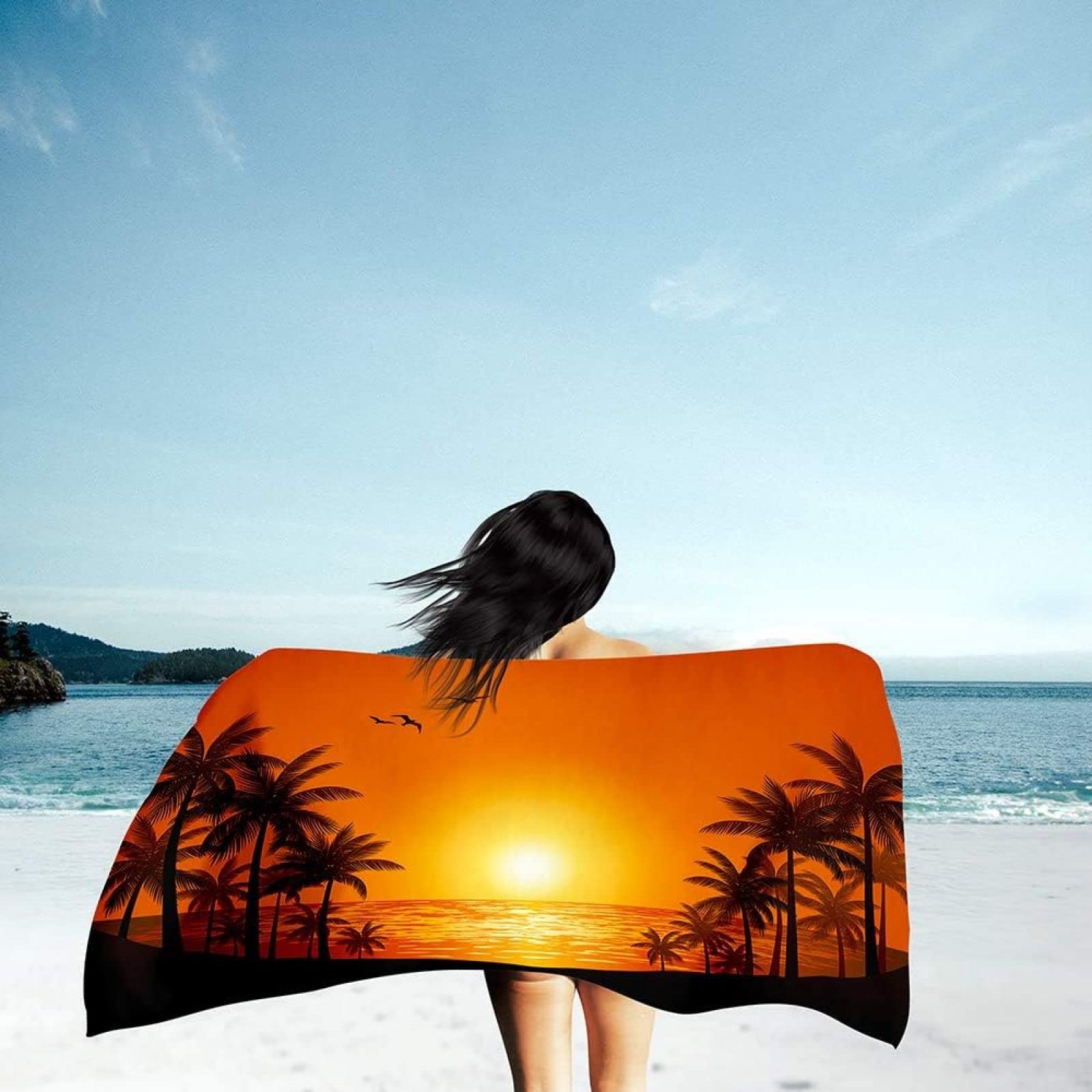 KATATI Serviette de Plage Coucher de Soleil Vue sur Océan, Séchage Rapide Microfibre Serviette de Bain, Coucher de Soleil Serviettes de Plage 200 x 200 cm, Voyages, Camping, Vacances Drap de Plage