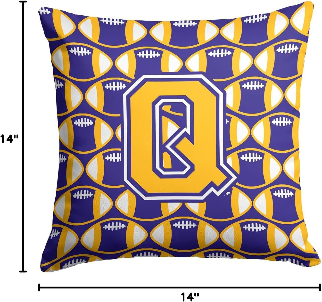 Caroline's Treasures CJ1064-QPW1414 Letter Q Football Purple and Gold Fabric Decorative Pillow Machine Washable, Indoor Outdoor Decorative Pillow for Couch, Bed or Patio, 14Hx14W