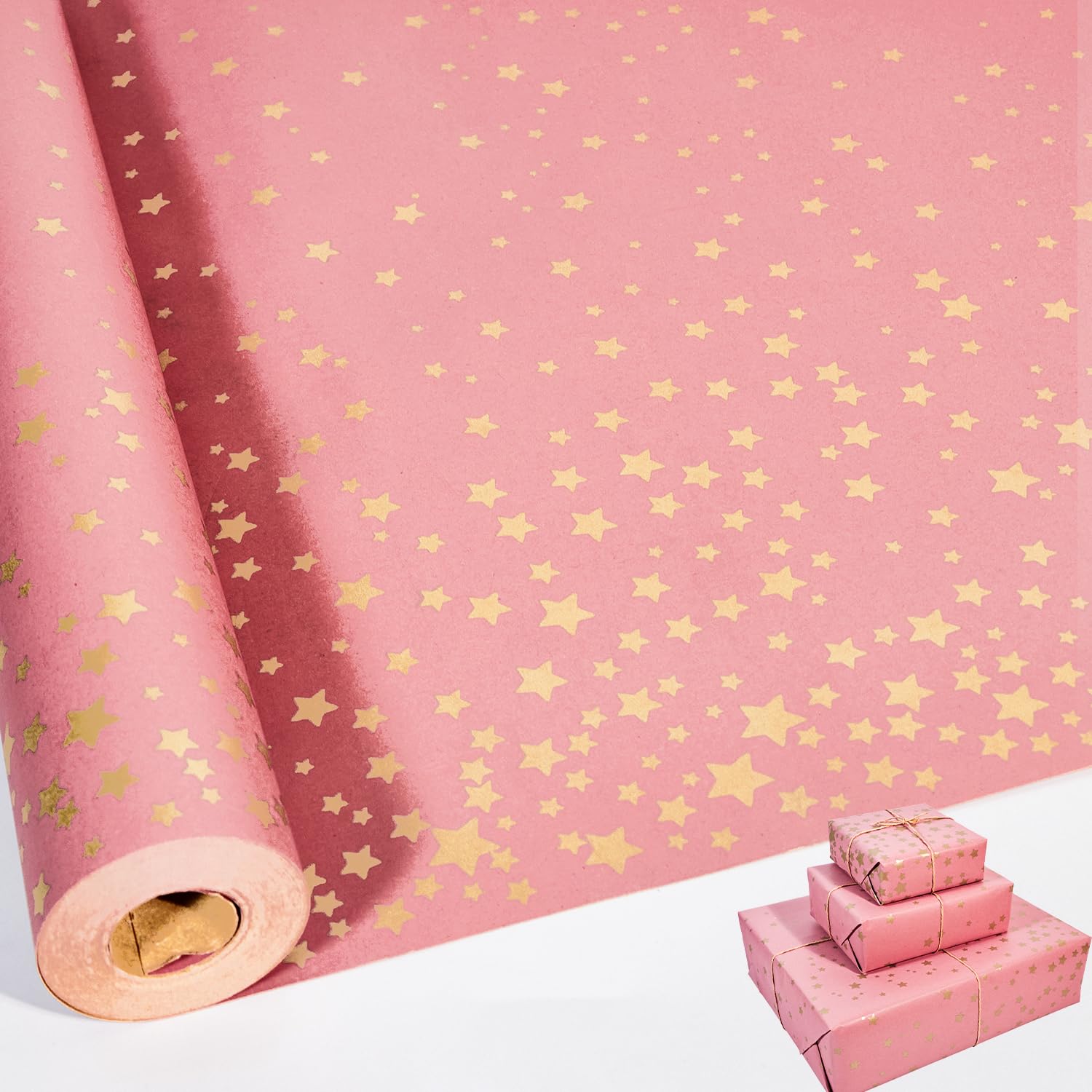 Pink Wrapping Paper Roll,43cm X 15m Birthday Wrapping Paper with Star Pattern,Pink Gift Wrap Paper for Birthday,Party, Wedding,Baby Shower,Christmas