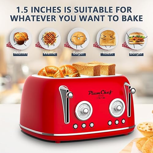 Miniatura 5 de Tostadora de estilo retro de 4 rebanadas, tostadora de doble control con estante de calentamiento, 6 ajustes de tostado, funciones de