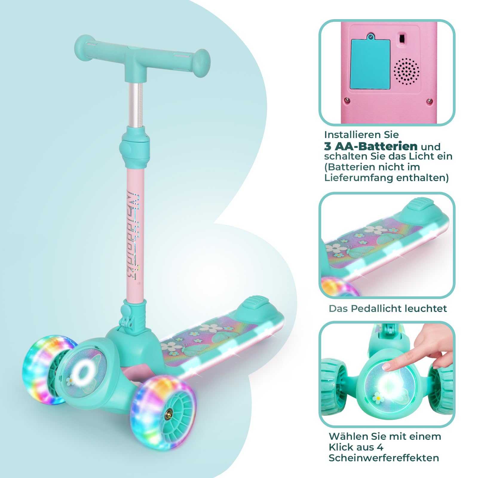 Nattork Scooter Kinder Roller, 3 Räder Kinderroller mit Breitem Rutschfestem Deck und T-Bar-Griff, Balance-Trainings-Roller mit Höhenverstellbarer für Kinder ab 3 Jahren, Maximale bis zu 100kg