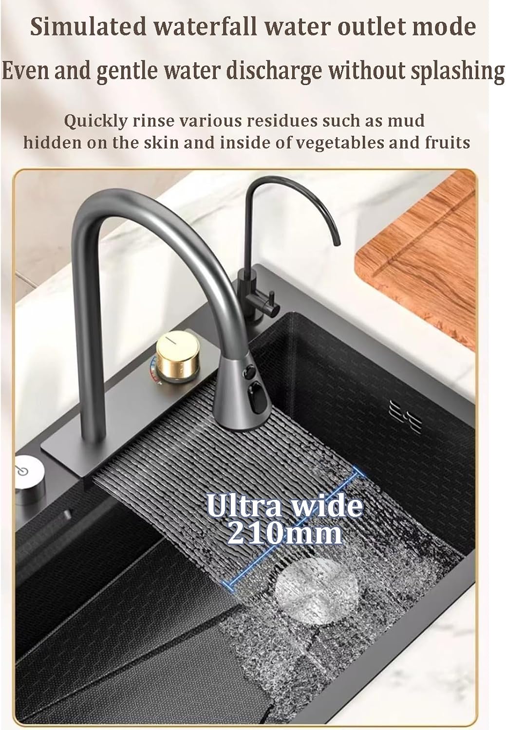 Drop-in Kitchen Sink Black Stainless Steel Sink Washing, Waterfall Sink Bar Sink, Single Bowl Undermount Sink, W/Faucet Utility Sink-Grey-80X45cm/31.5X17.7in