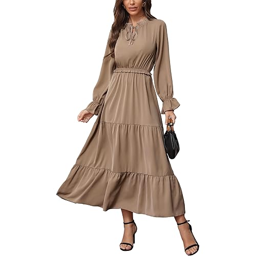 KIRUNDO Women's 2024 Spring Long Sleeve Tie Crew Neck Maxi Dress Casual Empire Waist Boho Ruffle Flowy Long Dresses