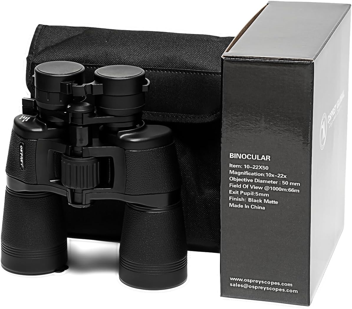 Osprey Global 10-22x50 Binoculars with packaging showing specifications