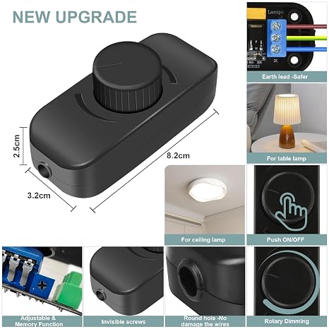 Inline Dimmer Switch for Lamp, 220-240V Trailing Edge Dimmer, Black