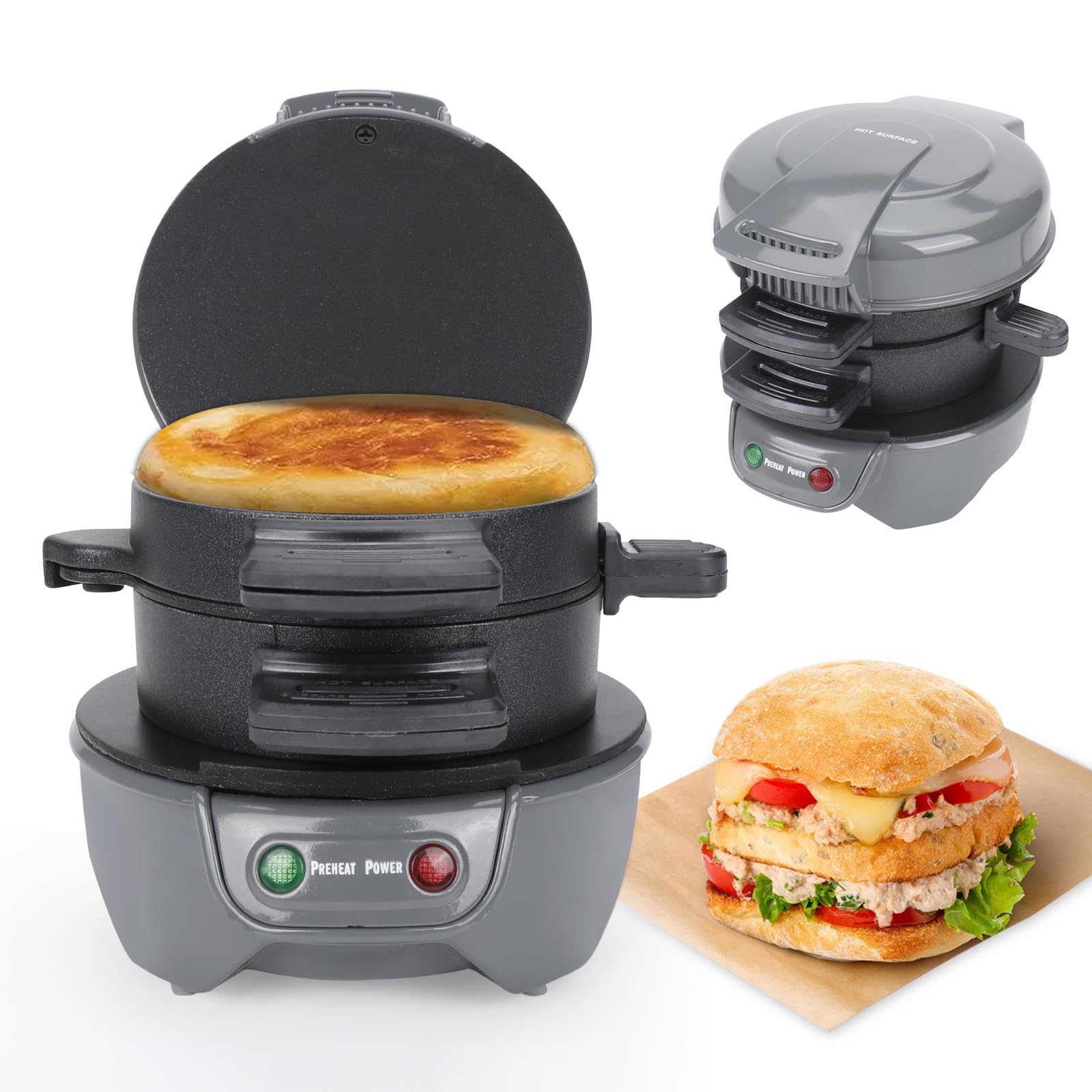 Sandwich - Tostapane per hamburger maker, efficienti piastre riscaldanti antiaderenti, lavabili in lavastoviglie, 600 W, per pane, per colazione, casa, cucina, pancake, colore: grigio argento