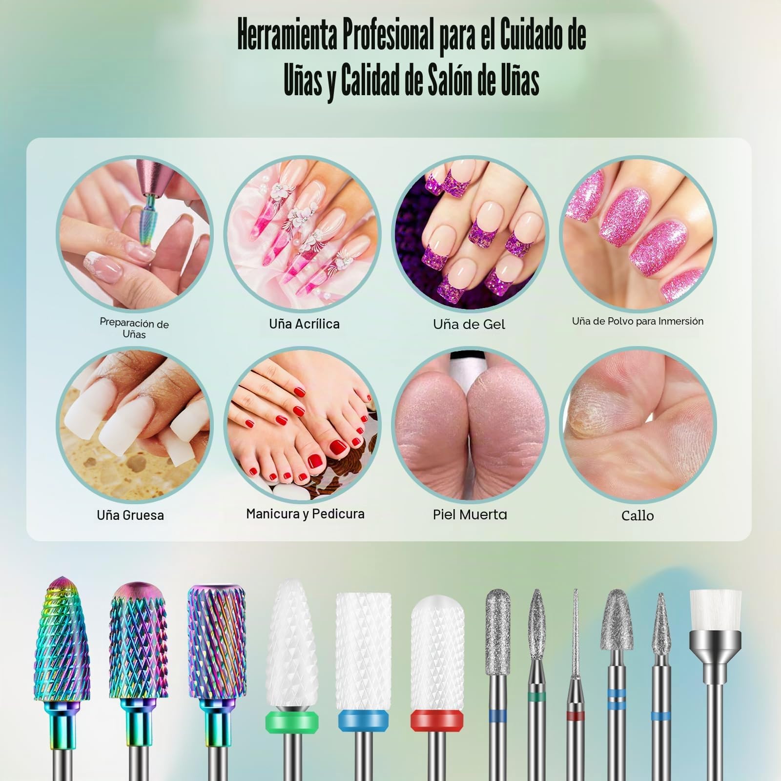 Juego de 13 brocas para uñas, profesionales 3/32" fresas torno para uñas, limas de cerámica de tungsteno carburo con cepillo, removedores de cutículas para manicura de uñas acrílicas/gel