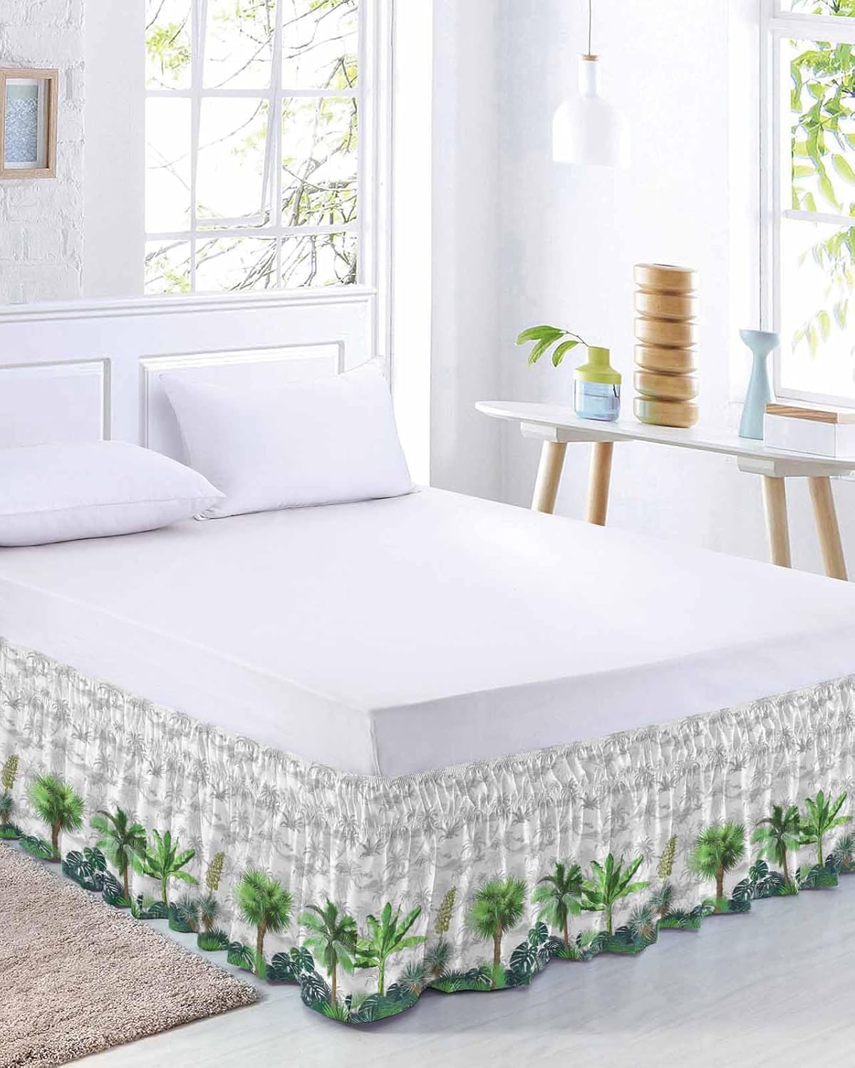 Palm Leaves Bed Skirt King Size 16 Inch Drop, Adjustable