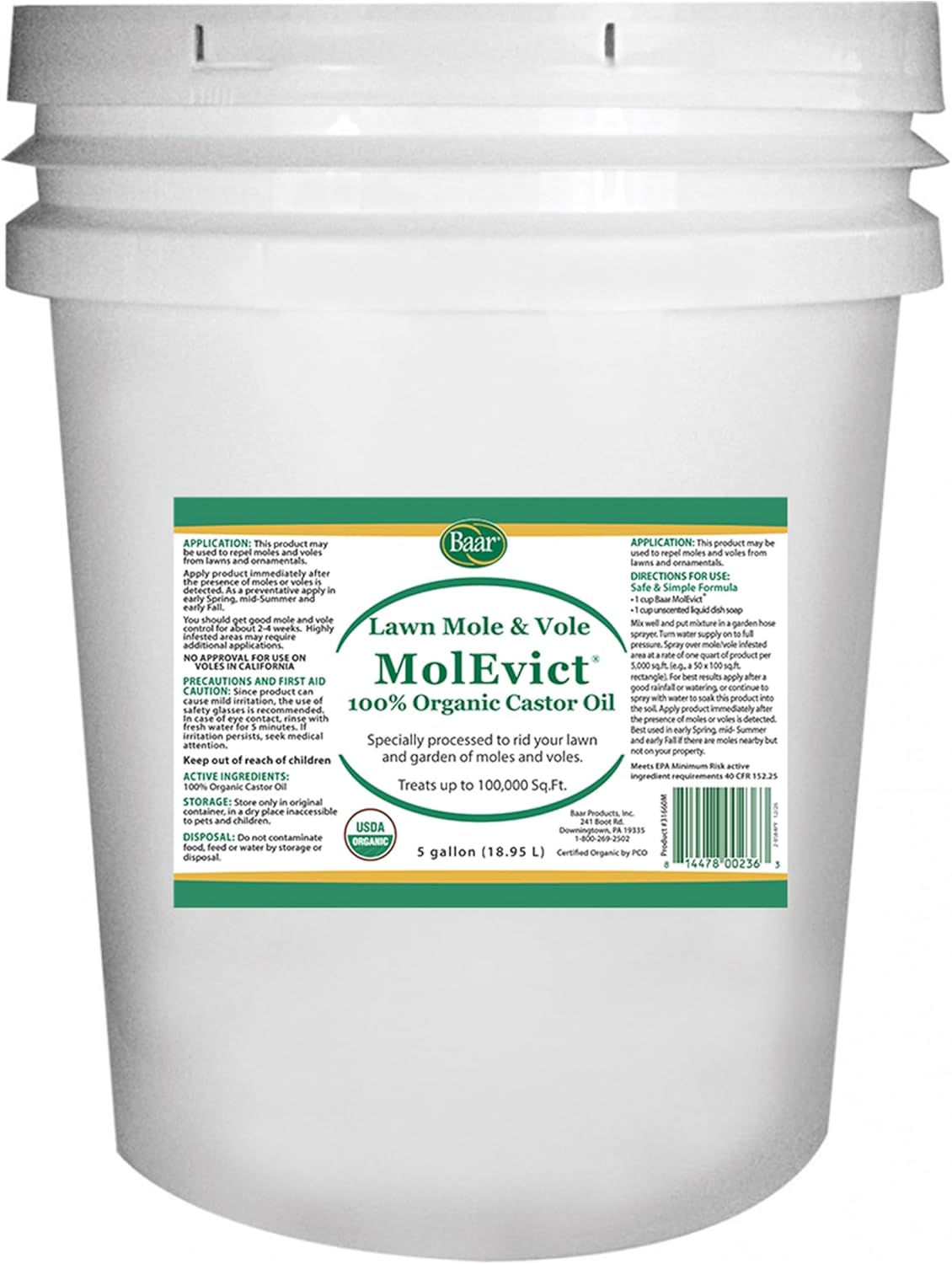 Baar - MolEvict, 100% Organic Castor Oil Formula for Powerful Home and Garden Protection, Up to 100,000 Sq. Ft., Safe to Use Around Plants, Pets and Family, 5 Gallon