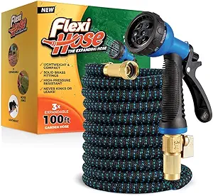 Flexi Hose with 8 Function Nozzle, 100FT - Lightweight Expandable Garden Hose, No-Kink Flexibility, 3/4 Inch Solid Brass Fittings and Double Latex Core