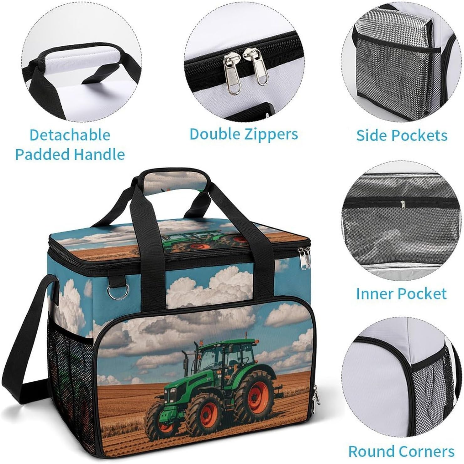 Insulated Picnic Backpack Tote Bag, Large Capacity 30L Tractor Under Blue and White Clouds Cooler Bag Leakproof Beach Bags Portable Lunch Box Waterproof Picnic Basket for Beach Camping BBQ