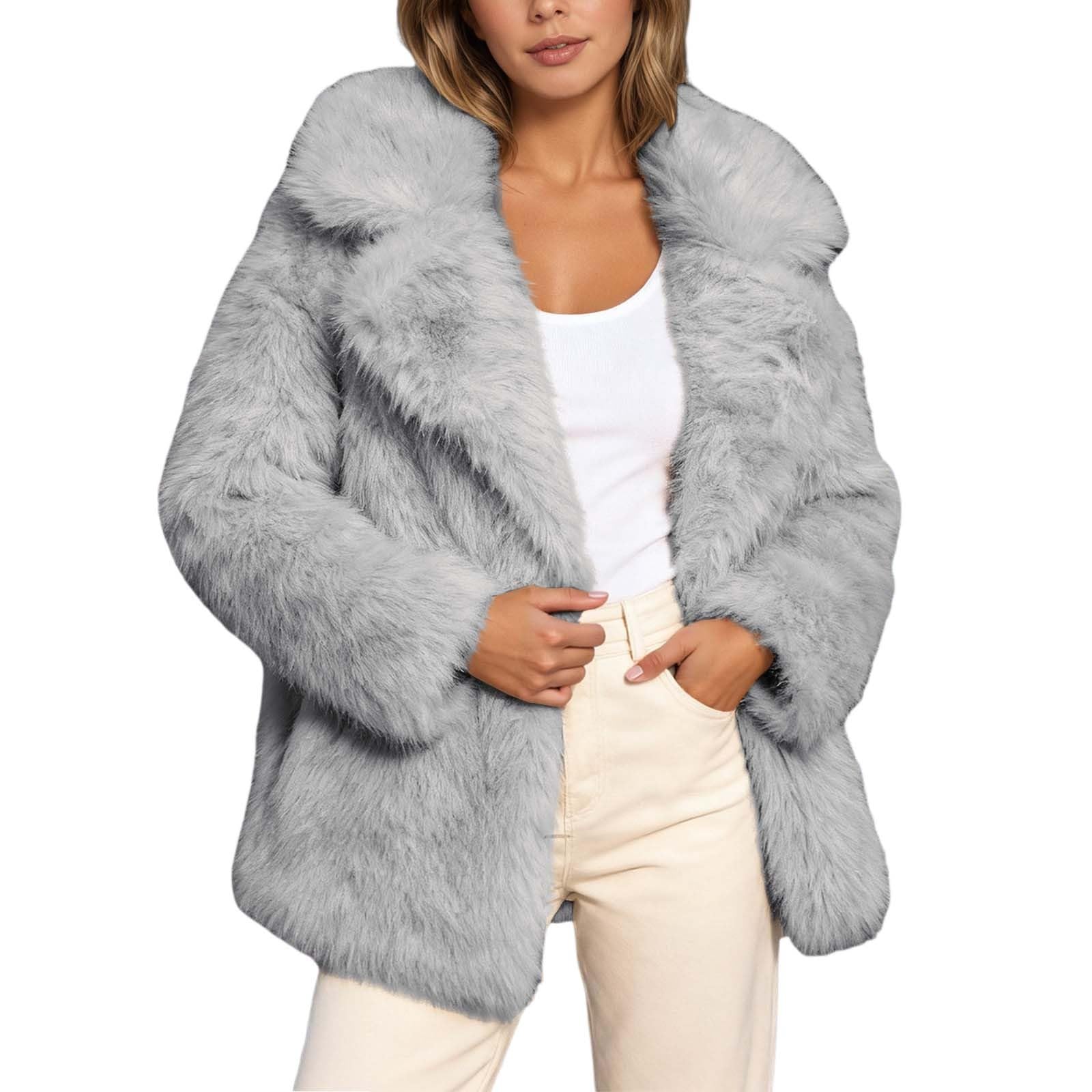 Generico Elegante Cappotto Casual Da Donna Lungo Taglia Comoda Invernale In Caldo Pile Di Pelliccia Sintetica Con Collo Alto E Revers Ideale Per L'Autunno Semplice