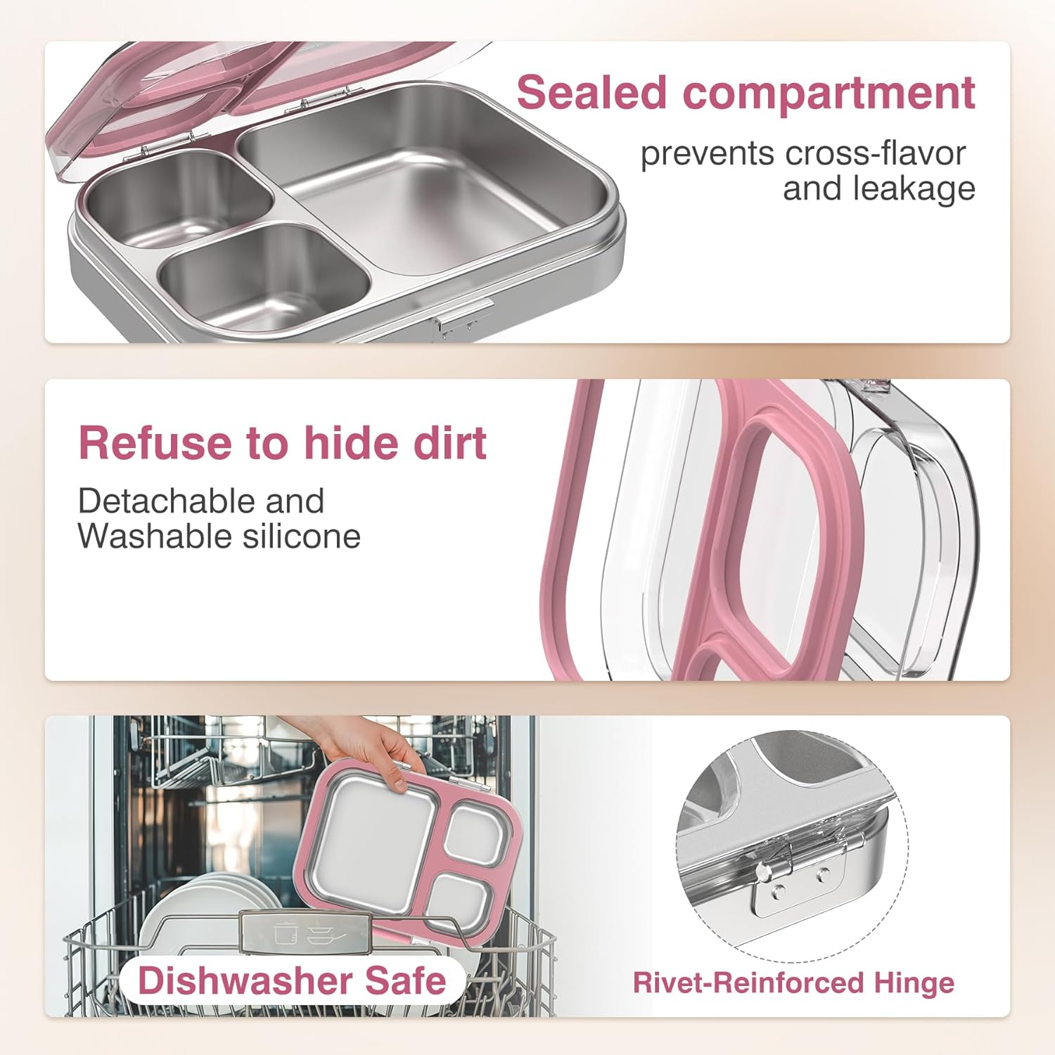 Stainless Steel Lunch Box, 3 Compartments Metal Bento Box for Kids Adults, Leak-Proof Lunch Box for School Office, Dishwasher Safe, BPA-Free, Tritan Lid, Pink - Image 4