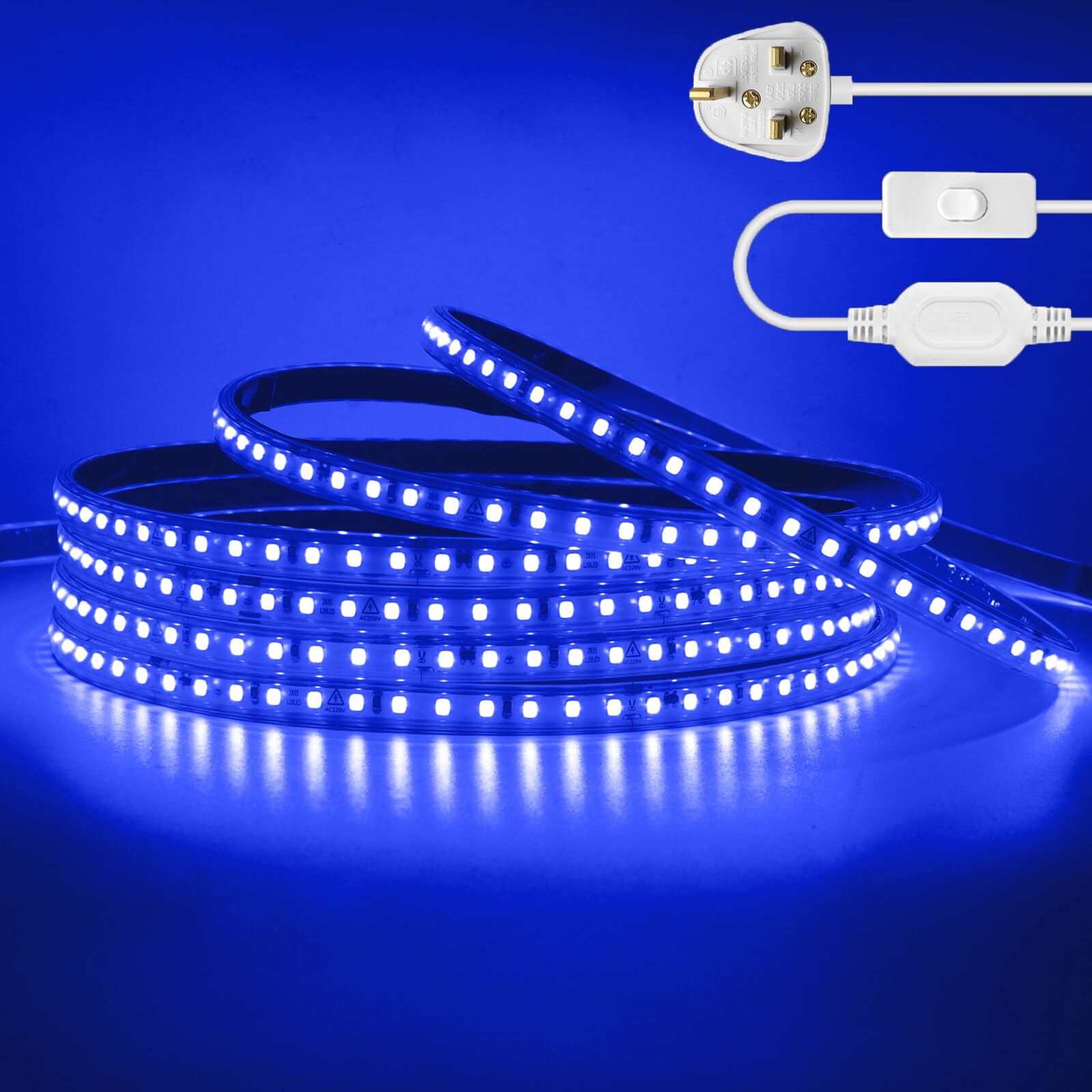 KAFULA 220V LED Strip Light with On/Off [12M,Blue],IP65 Waterproof Flexible SMD2835 LED Fairy Lights CRI85+,Every 10cm can be Cut,Bedroom Kitchen Corridor Decoration