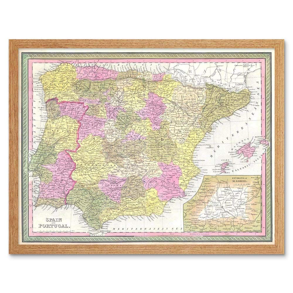Wee Blue Coo 1850 Mitchell Map Spain And Portugal Vintage Art Print Framed Poster Wall Decor 12X16 Inch