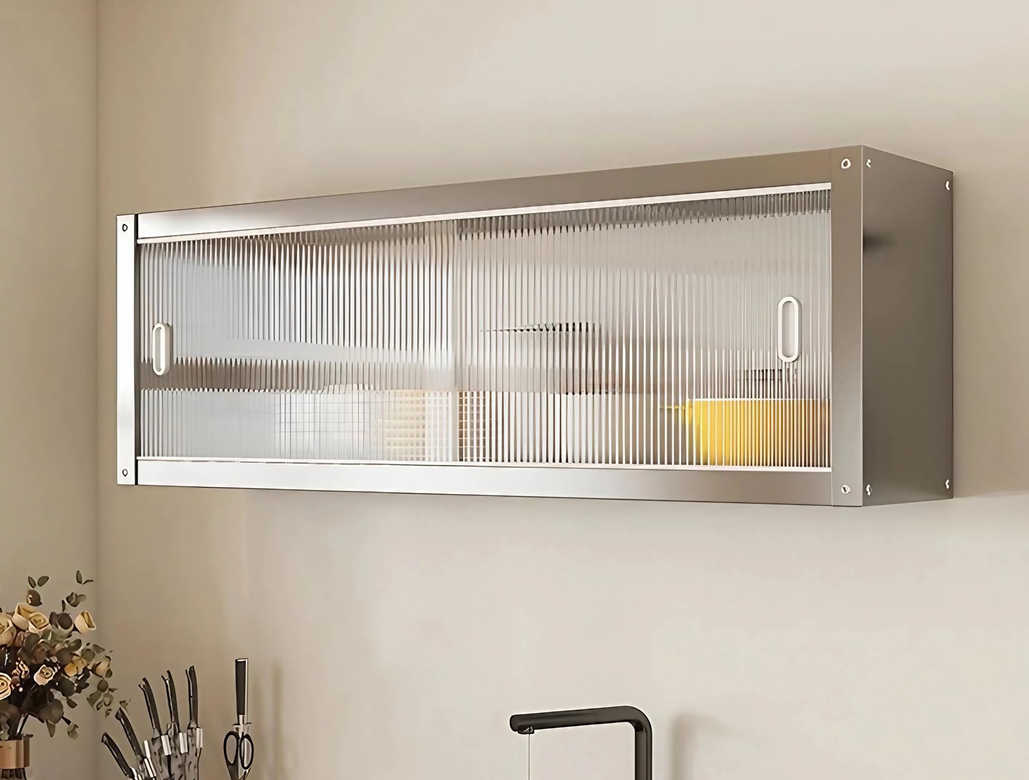 Armadio Pensile Cucina in Acciaio Inox con Ante Scorrevoli, Mobile Pensile da Parete per Cucina, Armadietto di Stoccaggio Murale per Cucina Bagno Ufficio(50x30x40CM)