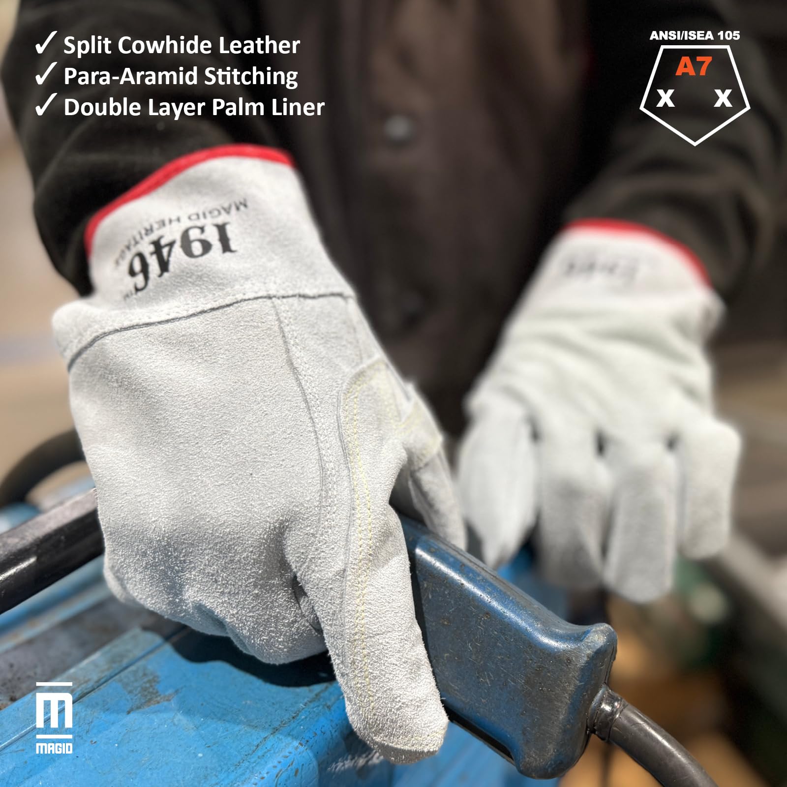 MAGID 1946 Heritage - Guantes de cuero vacuno dividido de para-aramida cosidos de alto calor, 8/M, 6 pares, T1756