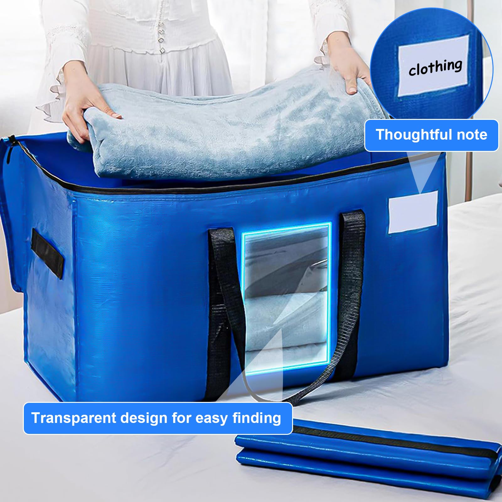Borse da Trasloco Grandi 100 L con Manici e Cerniere, Borsa Portaoggetti Trasparente per Vestiti Coperte (Nero, Blu)
