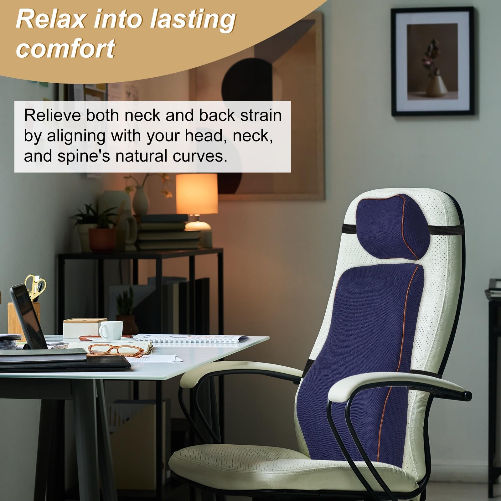 QUARKZMAN Juego De Almohada para Cabezal Y Soporte Lumbar De Coche Memory Foam Ergonomico para Asiento De Auto Y Oficina Color Azul Marino