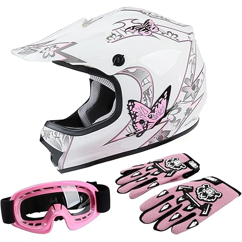 TCT-MOTORPARTS DOT Youth Kids Girls Motocross ATV Four Wheeler Helmets Offroad Street Dirt Bike Go-Kart BMX MX Full Face Helmet Pink Butterfly Samll Size