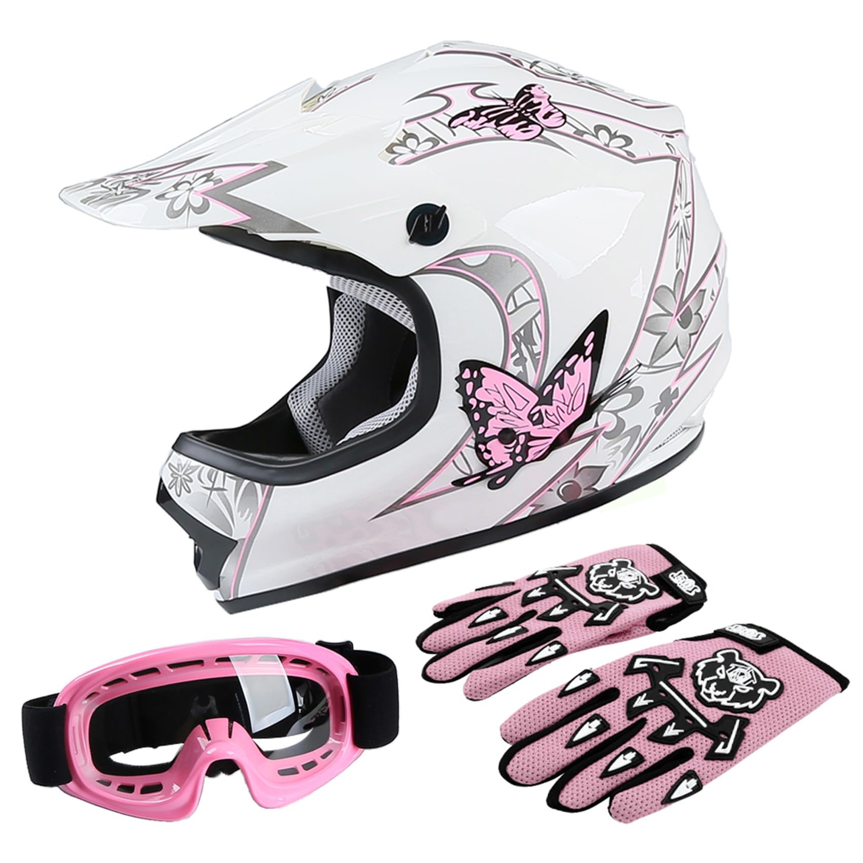 TCT-MOTORPARTS DOT Youth Kids Girls Motocross ATV Four Wheeler Helmets Offroad Street Dirt Bike Go-Kart BMX MX Full Face Helmet Pink Butterfly Samll Size
