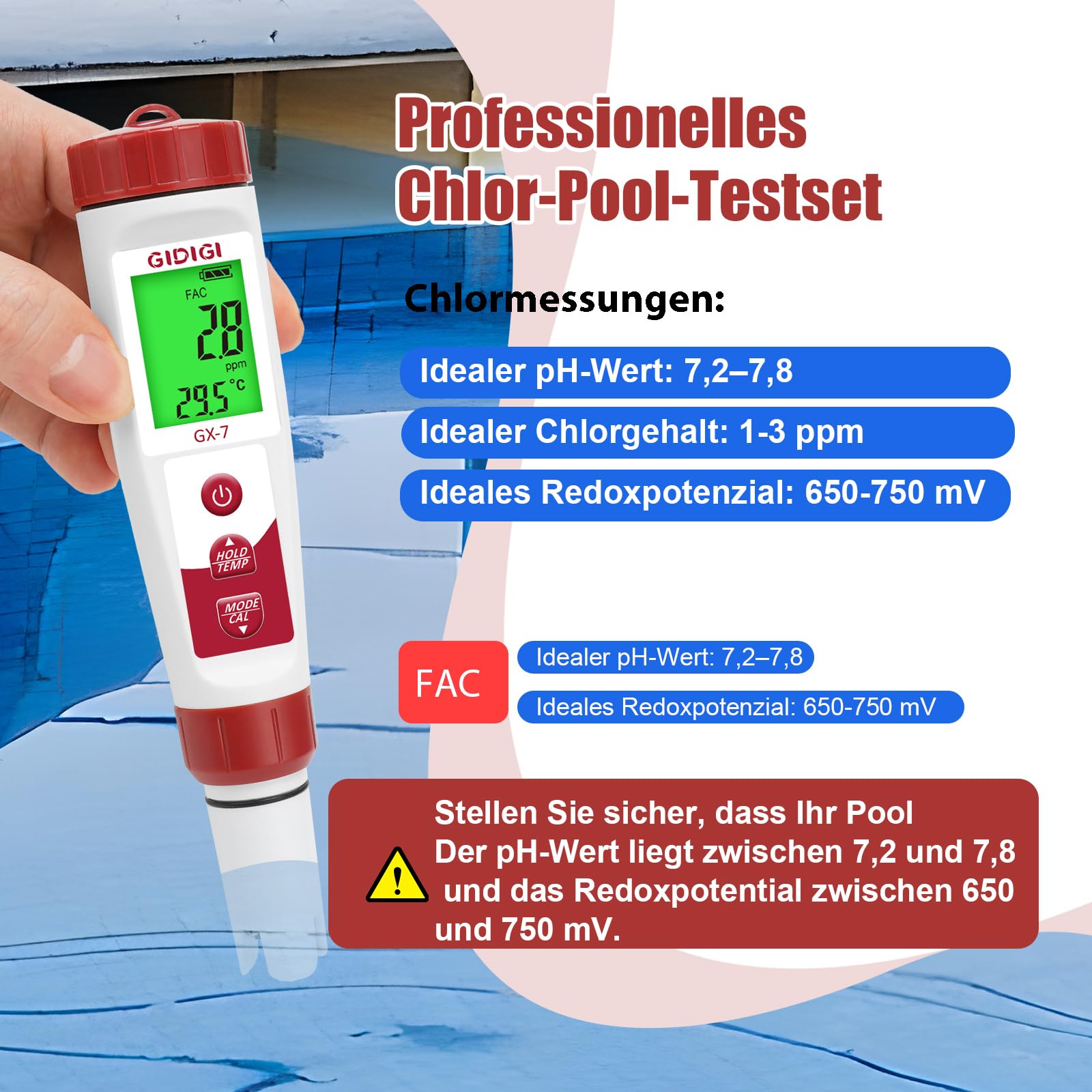 Digitales Pool Wasser Messgerät Set 7-in-1 pH-Meter & Chlortester mit Salzgehalt/TDS/EC/Temperatursensor für Pool, Spa, Aquarium, Hydrokultur & Trinkwasser