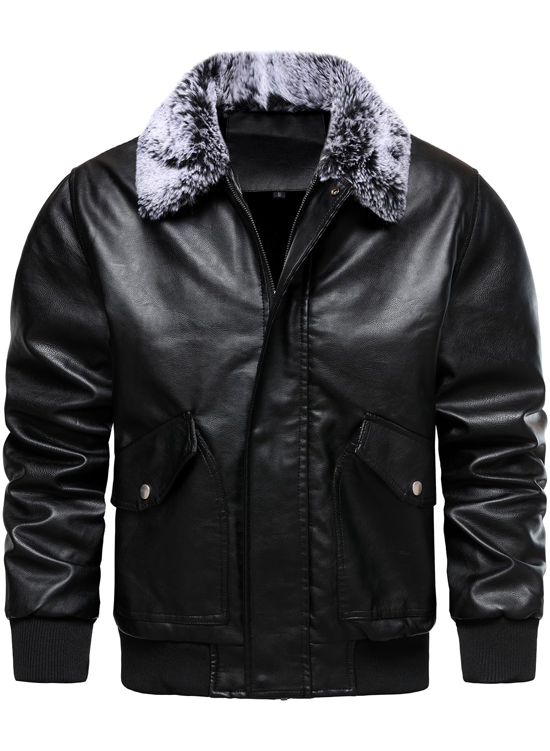 Mens Faux Leather Flight Bomber Jacket with Fur Collar Winter Warm Fleece Lined Jackets