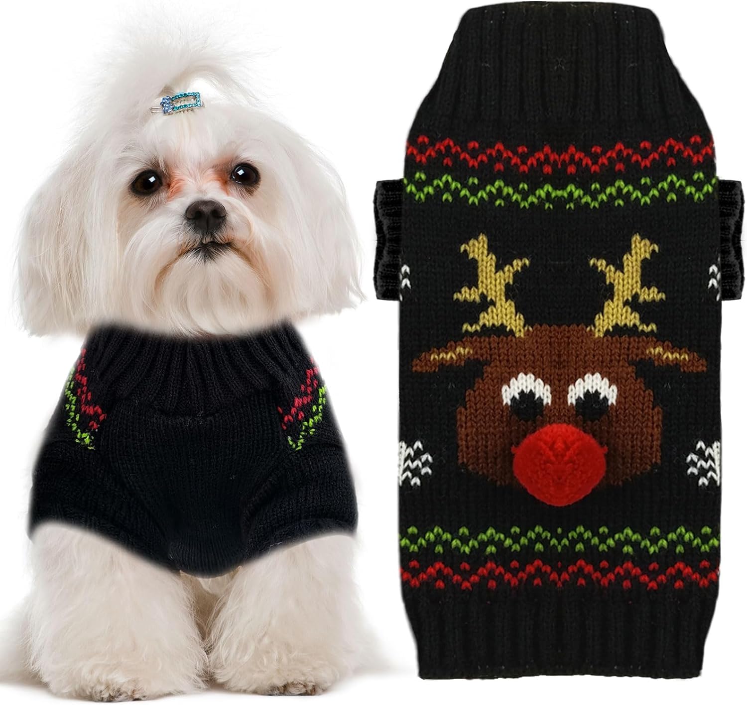 KUTKUT Dog Christmas Sweater Soft Warm Fall Winter Turtleneck Knitted Puppy Clothes Cute Reindeer Black Xmas Short Sleeves Clothing for Small Medium Dogs Cat (SIZE: XXL, Adjustable Chest: 65cm - 75cm) (B09H2MCGTW) Amazon Price History, Amazon Price Tracker