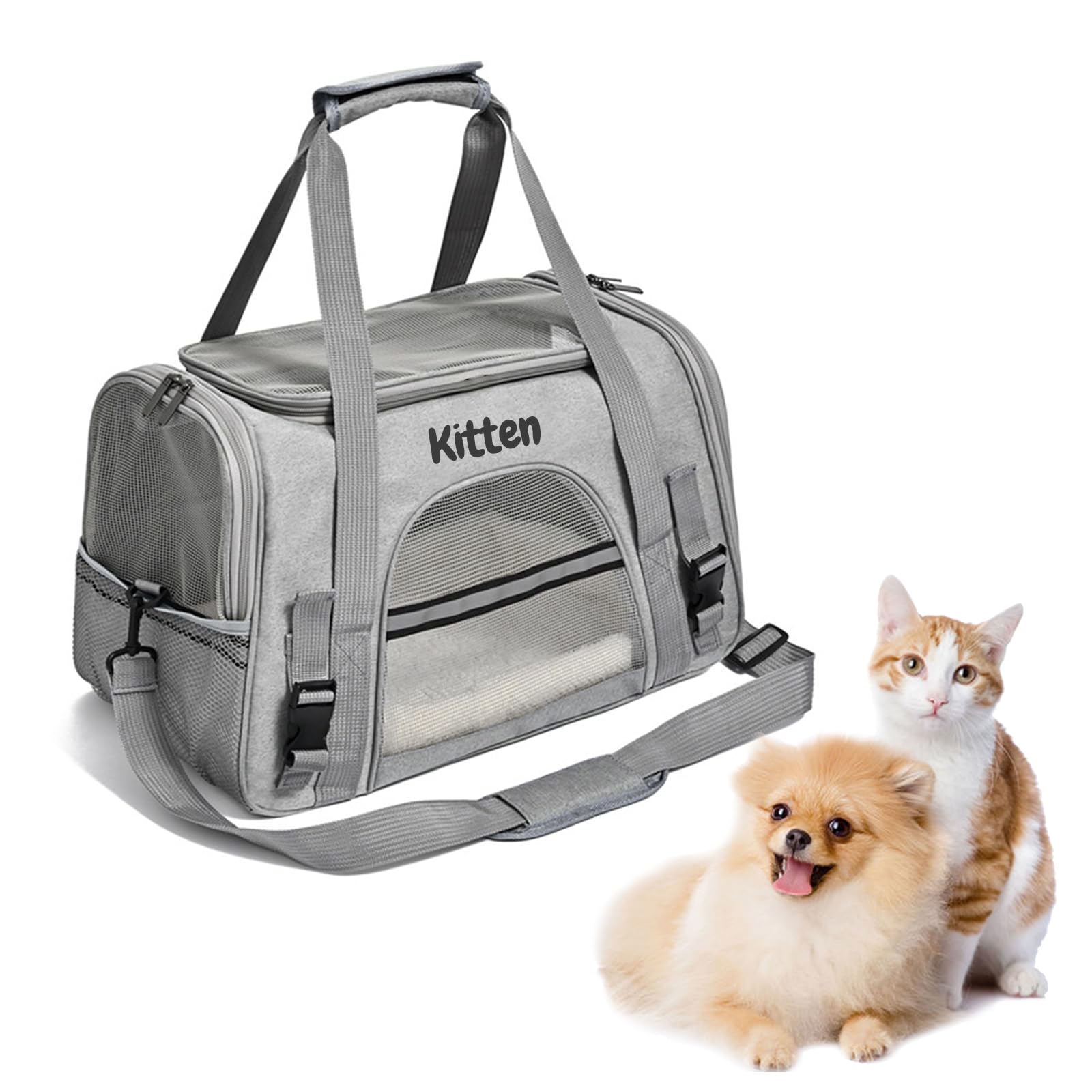Personalised Cat Carrier with Name Embroidery, Portable Pets Travel Carriers With Shoulder Strap & Removable Mat, Airline Approved, Ideal for Dogs, Puppies, Cats, Rabbits (Grey)