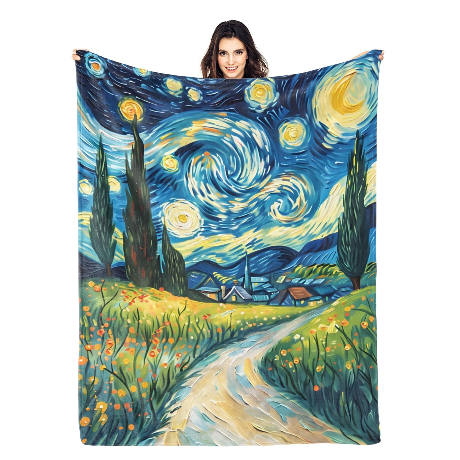 PINKBAY Starry Night Blanket Abstract Country Artistic Art Print Gifts for Women Men Kids Dad Throw Lightweight Flannel Cozy Fuzzy Birthday Christmas