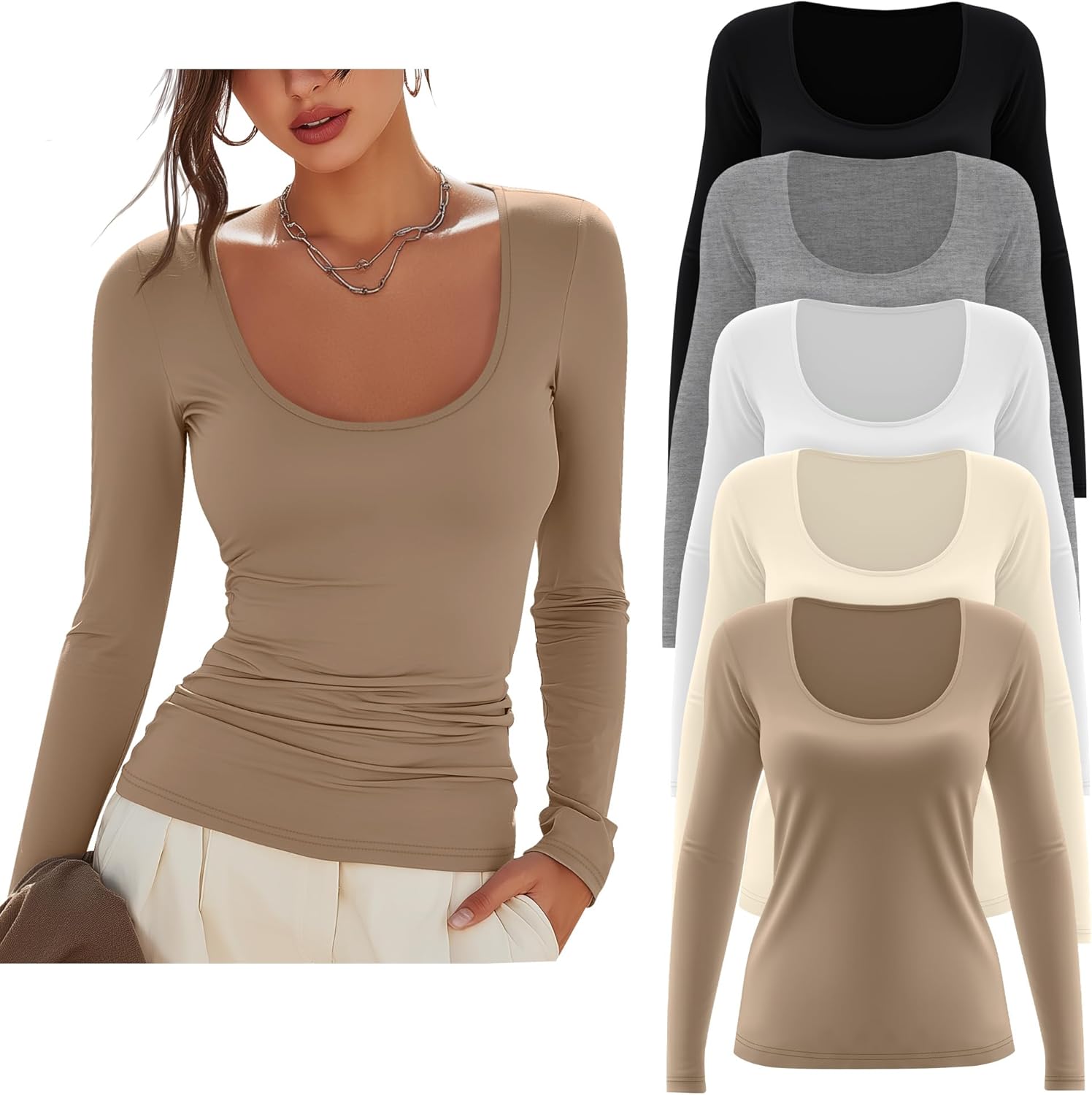 Velvelhall 5 Pack Women's Scoop Neck Tops Long Sleeve Slim Fit T Shirt Basic Tunic Tops Casual Fall Layer Undershirts Tees