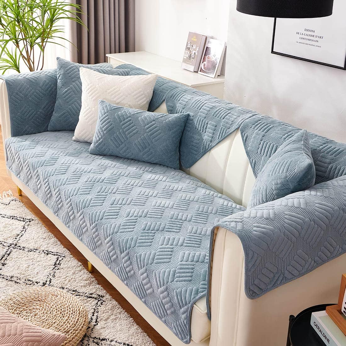 vctops Farmhouse Velvet Sofa Cover Non Slip Quilted Couch Cover Super Soft Solid Sofa Slipcover Geometric Warm L Shaped Couch Covers for Dogs, Children, Pets (Light Blue,43"x82")