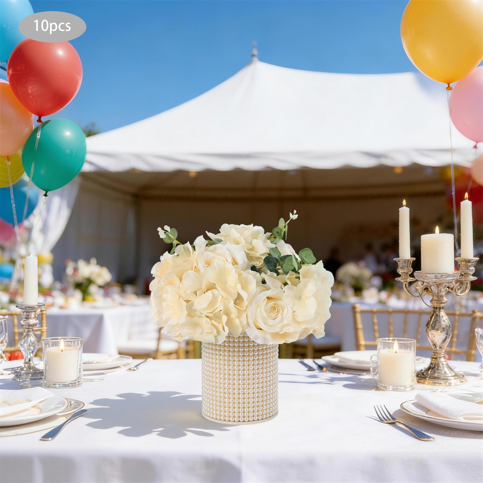 Künstliche Rosen Blumenkugeln 10 Stück 40cm Champagner, Hochzeit | Stoff & Kunststoff, 40x20cm, Basis 20cm, für Tisch & Wand, pflegeleicht, wiederverwendbar, Hochzeitsdeko, Partydeko, Geschenk
