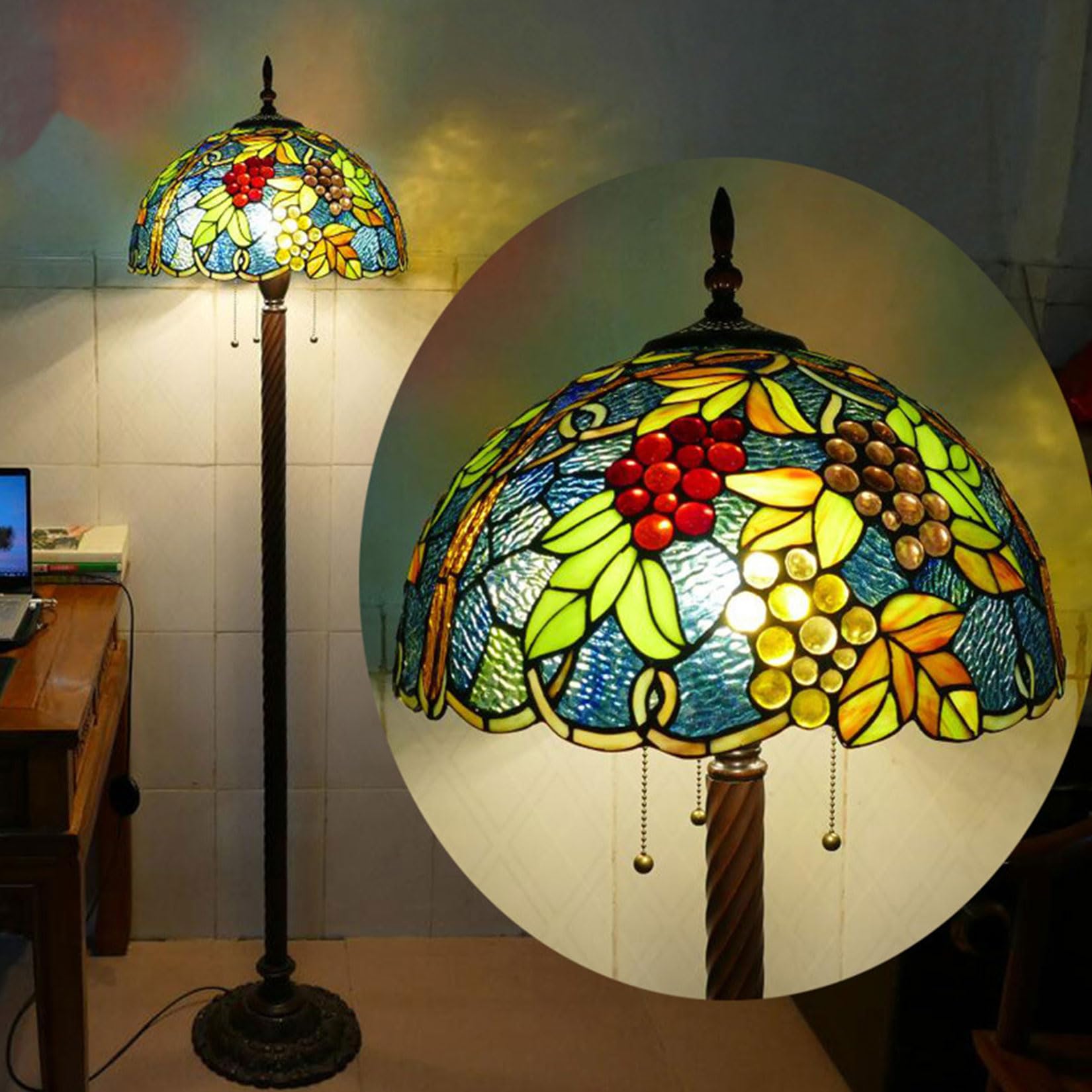 Klosz do lampy Tiffany w stylu winogronowym, ręcznie wykonany, witrażowy, 16-calowy, szeroki, lampa stołowa w stylu vintage, zamiennik klosza do lampy podłogowej, do sypialni,，