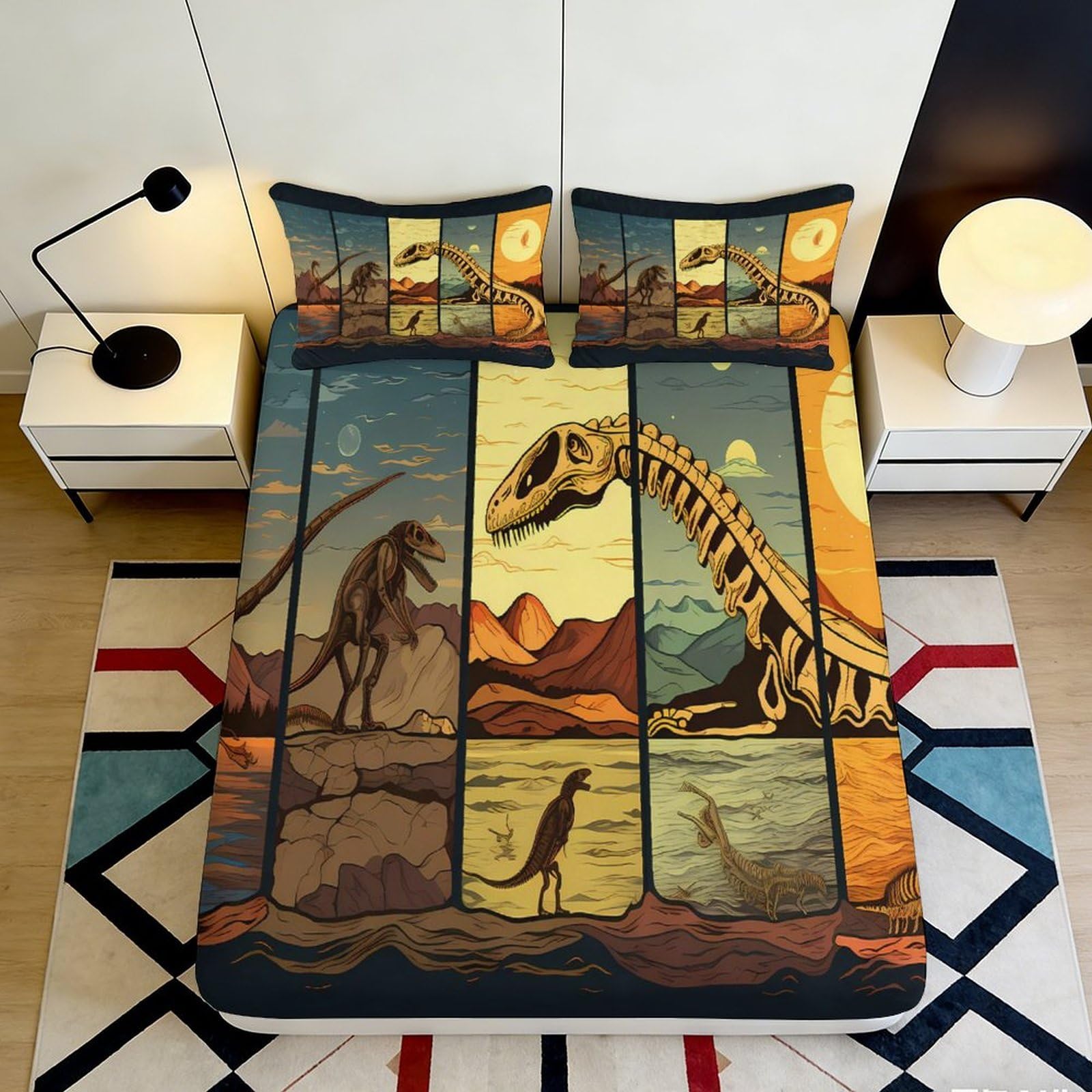 3D Printed Dinosaur Skeleton Fitted Sheet Microfiber Non Slip Jurassic Landscape Bed Cover for Bedroom Dorm Mattress Decor 90x200x25cm