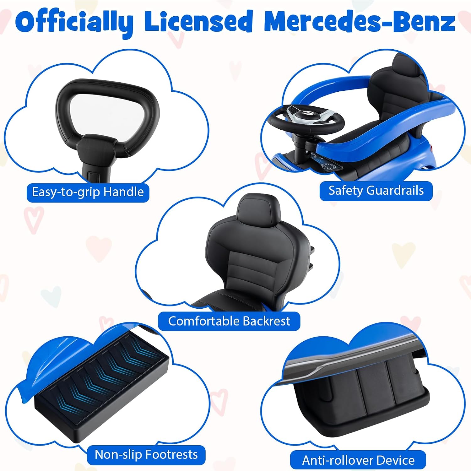 HONEY JOY Ride On Push Car, Licensed Mercedes-Benz Push Cars for Toddlers, Adjustable Canopy & Seat Storage, Horn, Toddler Push Car with Handle, Ride On Toy for Boys Girls(Blue)