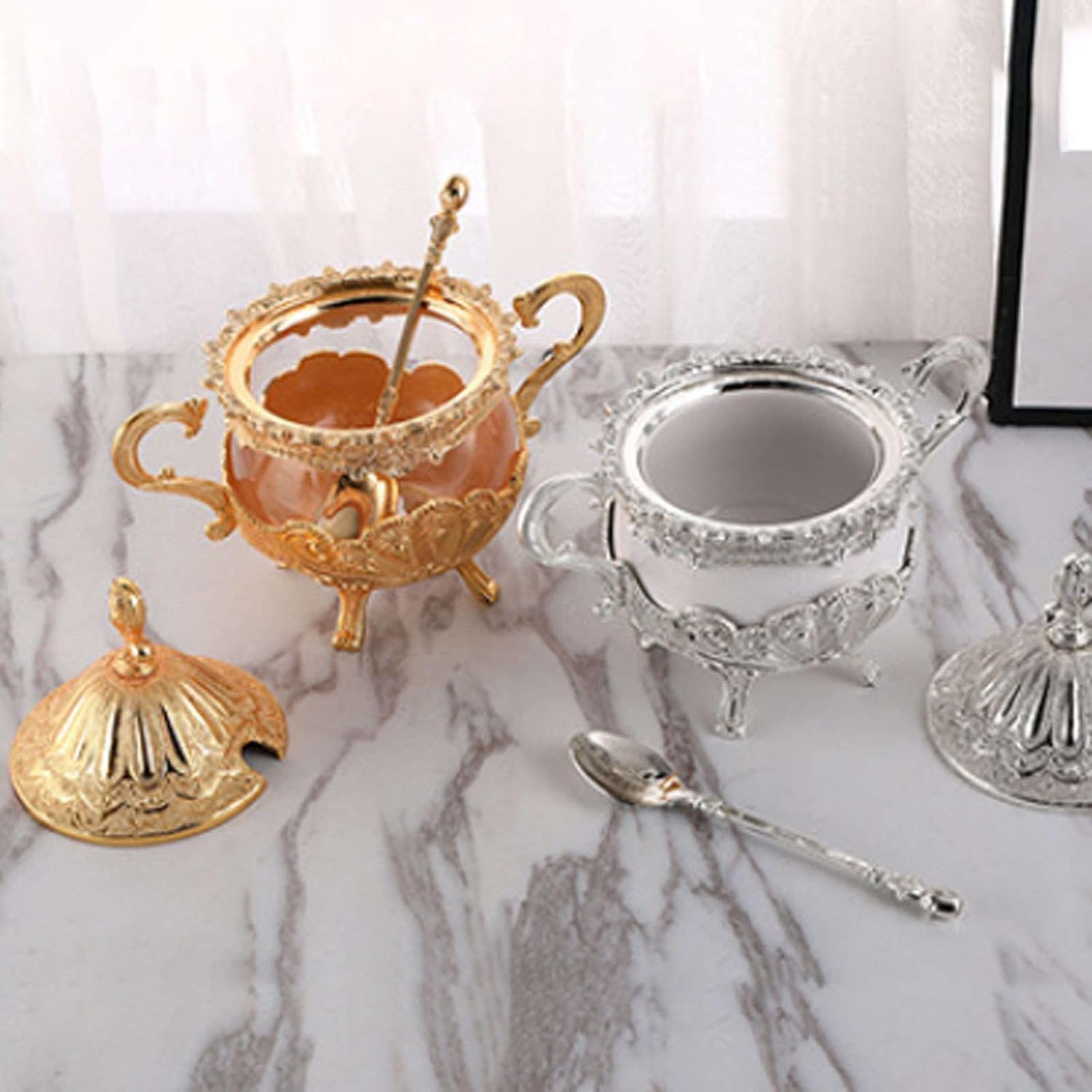 Candy Jar Ceramic Bowl Sugar Dish Sugar Container With Lid Spoon Holder Ceramic Sugar Bowl, Sugar Bowl With Lid And Spoon, Metal Relief Glass Spice Jar, Candy Holder, Metal Decorative Bowl