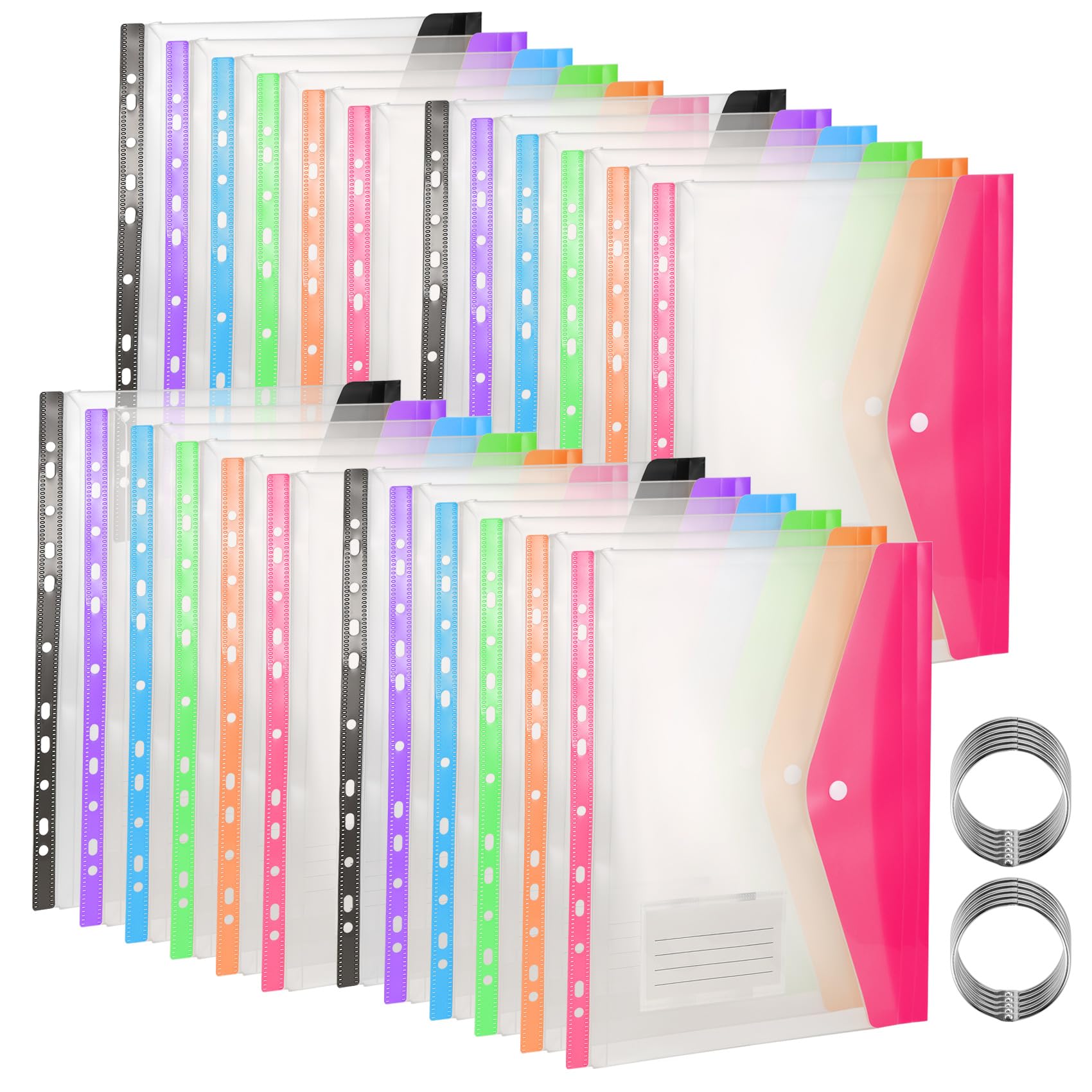 A4 Plastic Wallets Folders 12Pcs Punched Pockets Plastic Document Files Popper Wallets with Pocket for Home, and School