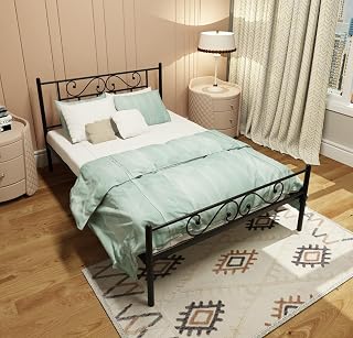 Ironic House Pavo Metal Platform Double Size Bed Frame with Headboard and Footboard, Heavy Duty Mattress Foundation – No Plywood Needed, Noise Free (75 x 48, Black)