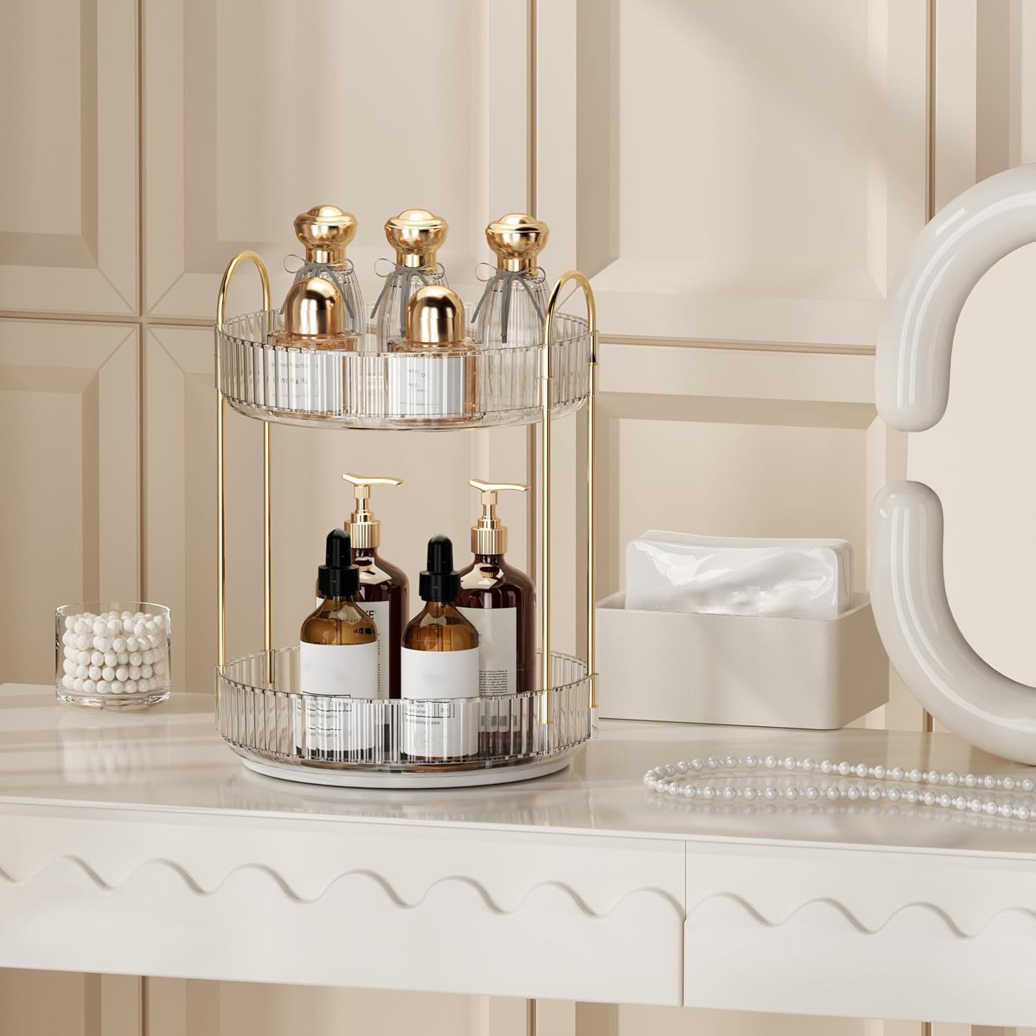 Organizzatore di Trucco Rotante a 360°, Porta Trucchi Organizzatore Grande Capacità,Organizzatore di Profumi,Organizer Trucchi Multifunzione per Toeletta,Camera da Letto,2 Livello Trasparente