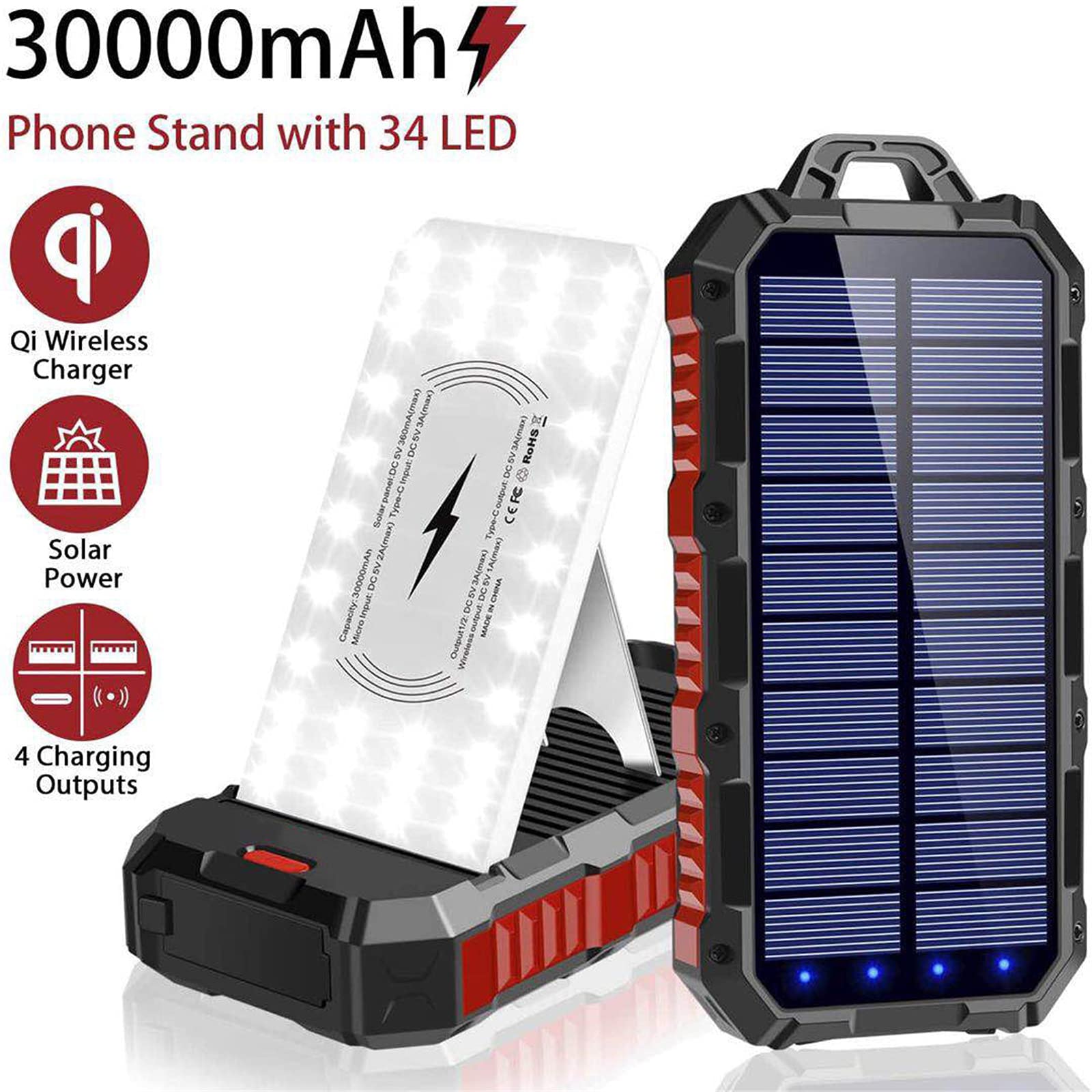WFEI Banca di Carica del Caricatore Solare, Carica Rapida, Carica Wireless, Caricabatterie Portatile con Torcia Elettrica, Impermeabile per Esterno, Compatibile con Smartphone