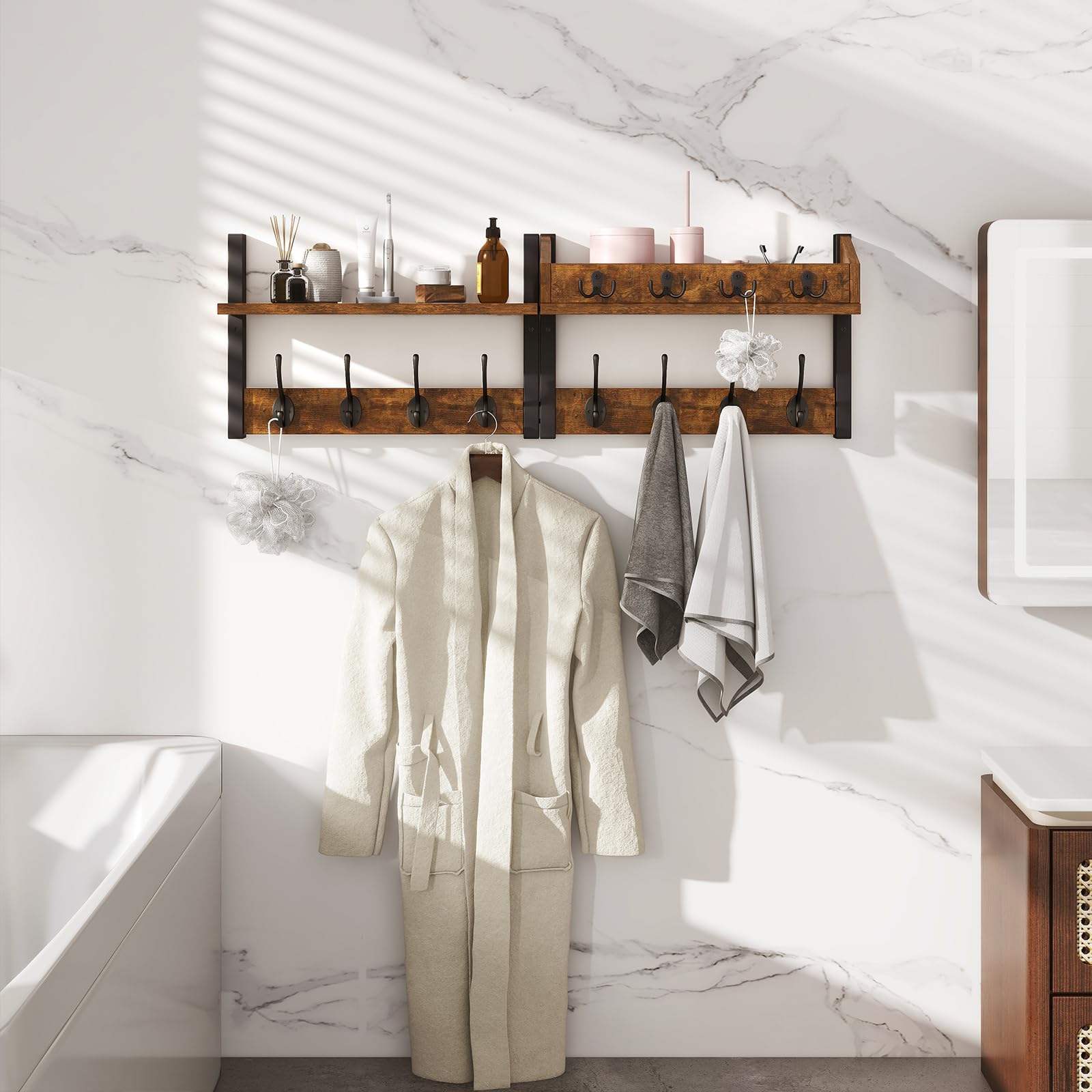 YMYNY 4 in 1 Appendiabiti da Parete con Mensola Design, Attaccapanni da Muro in Legno con 12 Ganci Moderno per Ingresso, Cameretta e Bagno, Marrone Rustico, HWS007H-2