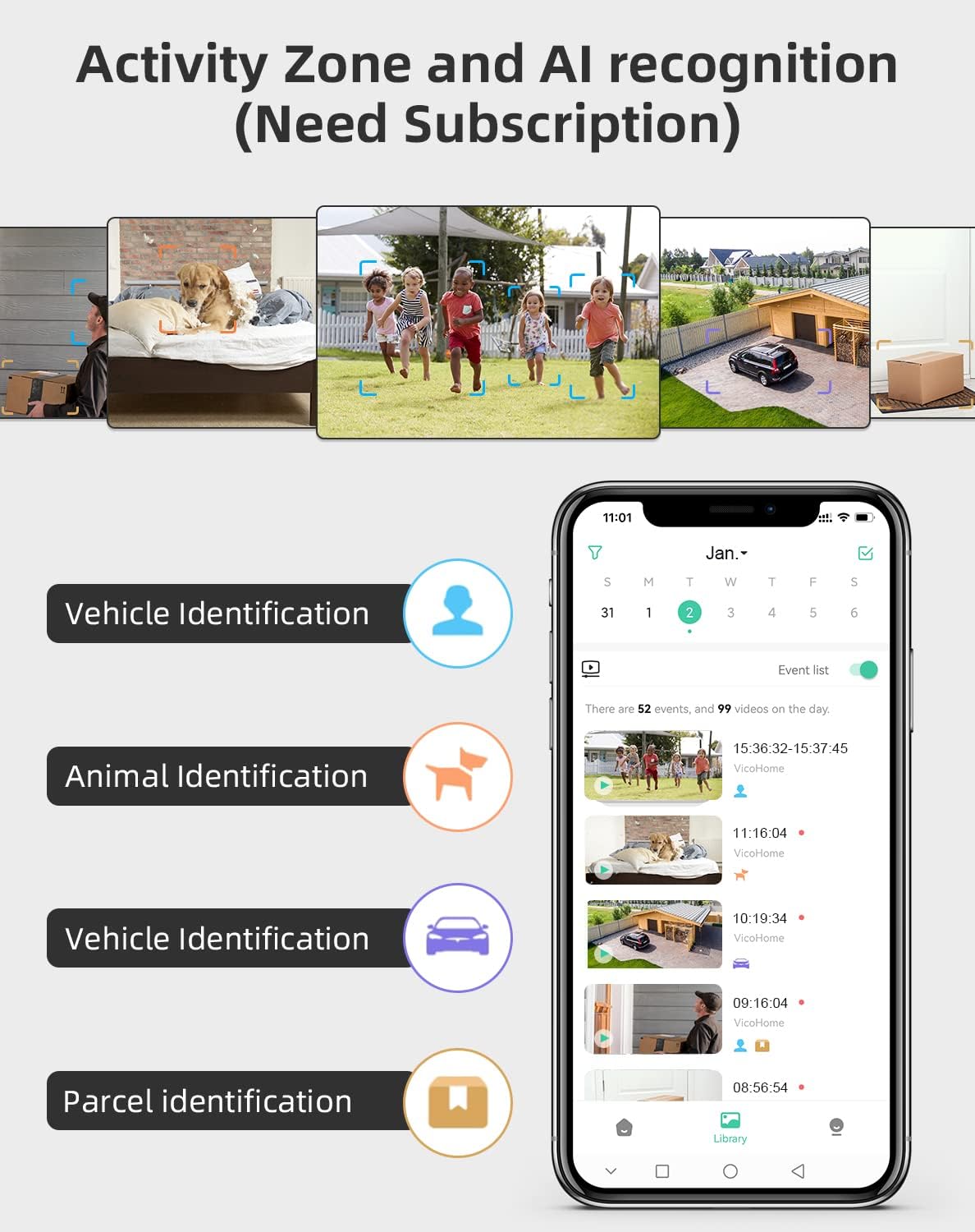 Smartphone screen showing VicoHome app with options for vehicle, animal, and parcel identification, indicating AI recognition features
