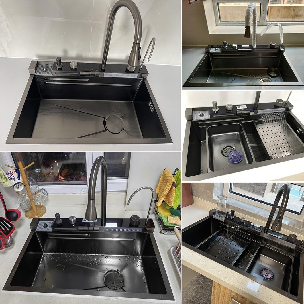 Lavello da cucina grande grigio nero, con display della temperatura a LED, rubinetto a cascata, rubinetto per bere, lavatazze e manopola di scarico, lavello da bar a vasca singola in acciaio inossid
