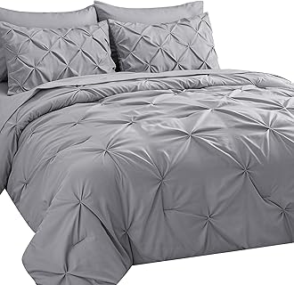 CozyLux Full/Queen Comforter Set Light Grey 7 Pieces Pintuck Bed in A Bag Complete Set Pinch Pleat Queen Bedding Sets with All Season Comforter, Pillow Sham, Flat Sheet, Fitted Sheet and Pillowcase